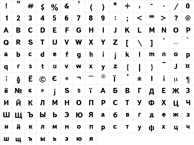 Bookvar Bold  glyph index