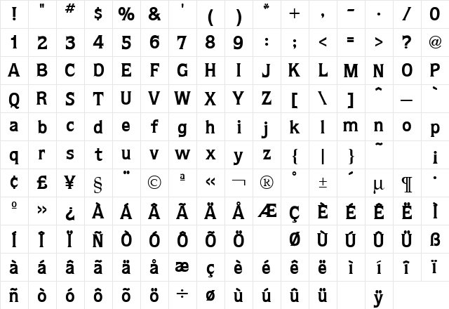 Quorum Bold  glyph index
