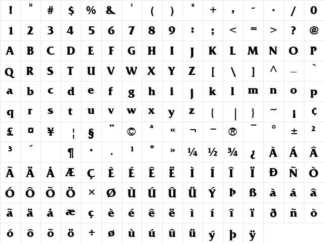 FrizQuadrata Bold  glyph index