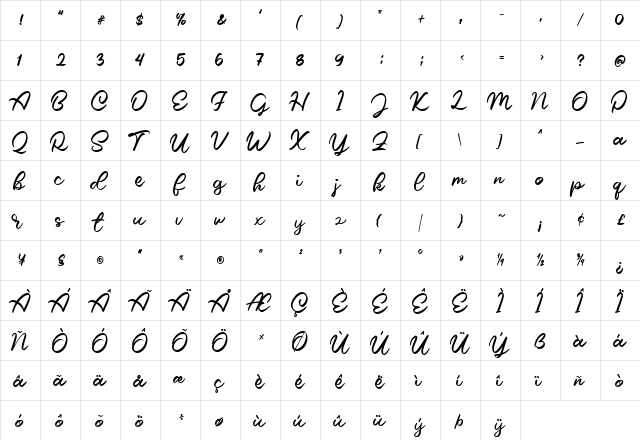 Caride Script Regular  glyph index