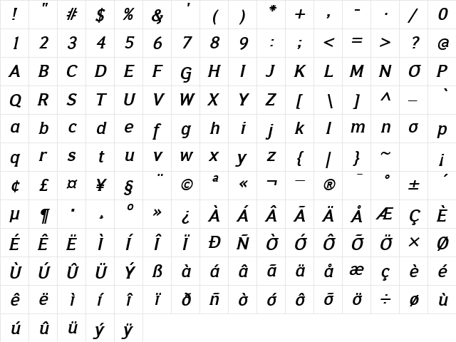 IdeologicaBold Italic Regular  glyph index
