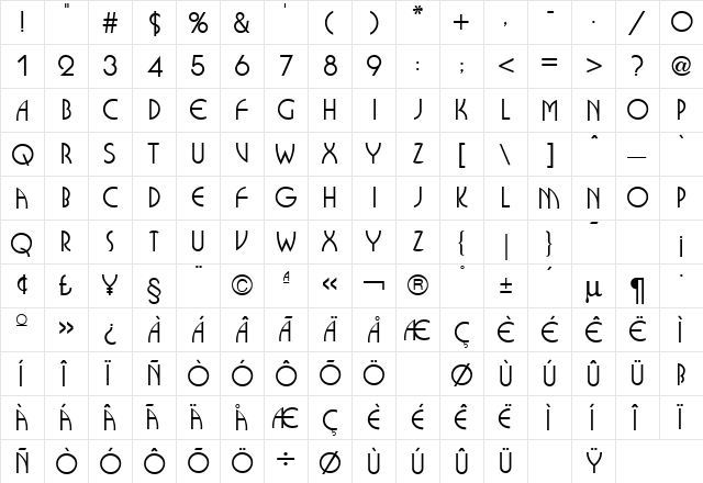 Busorama Regular  glyph index