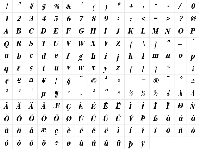 GE Quartz Bold Italic  glyph index