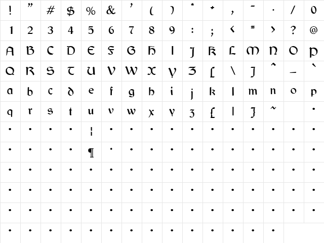 QTDublinIrish Regular  glyph index