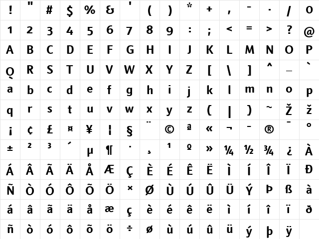 Textra LT Book Bold  glyph index