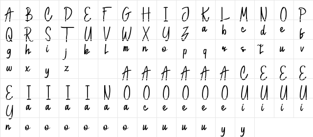 GonlotusFangwellDemo Script Regular  glyph index