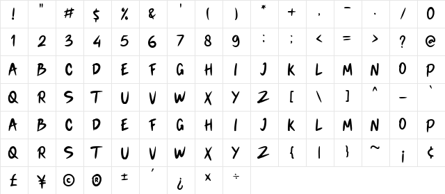 Alita Brush Regular  glyph index