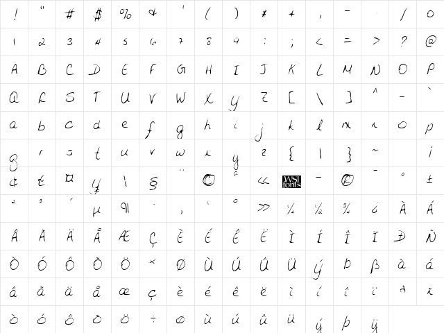 JeninesHand Regular  glyph index