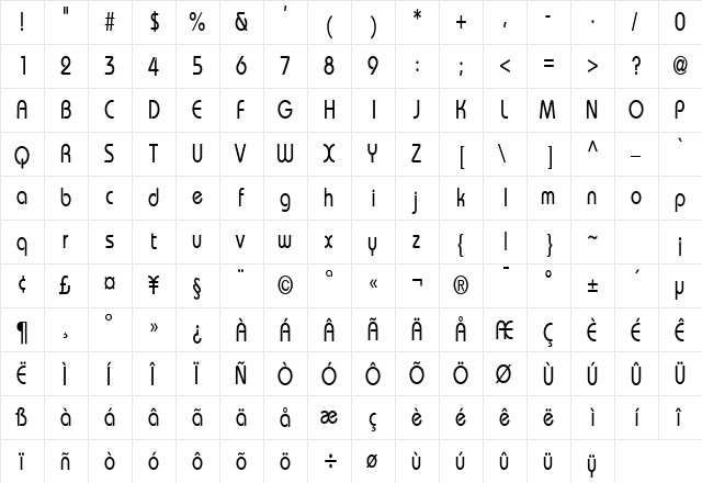 Bimini Condensed Normal  glyph index
