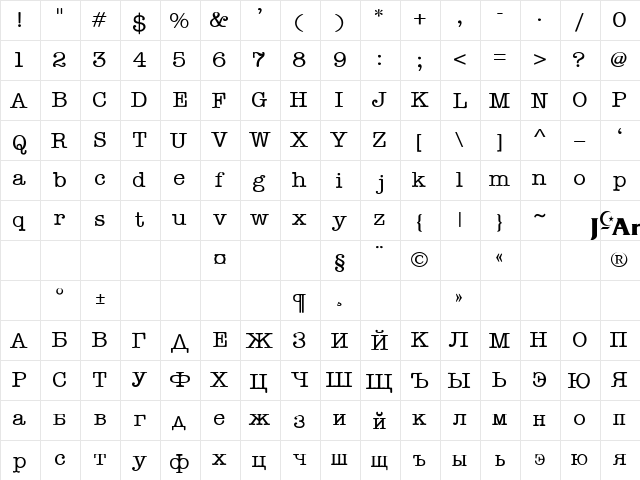 American Type Regular  glyph index
