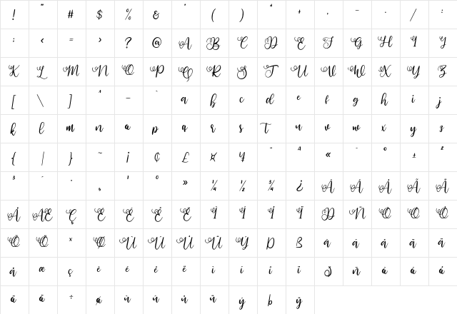 Angellina Regular  glyph index