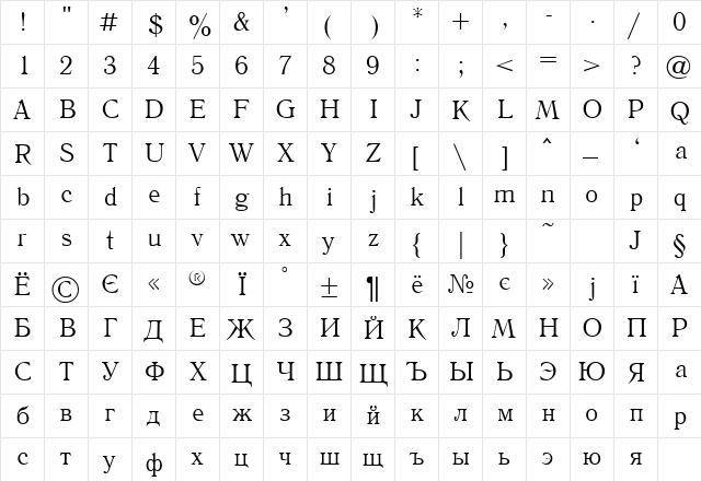 LiteraturnayaC Normal  glyph index