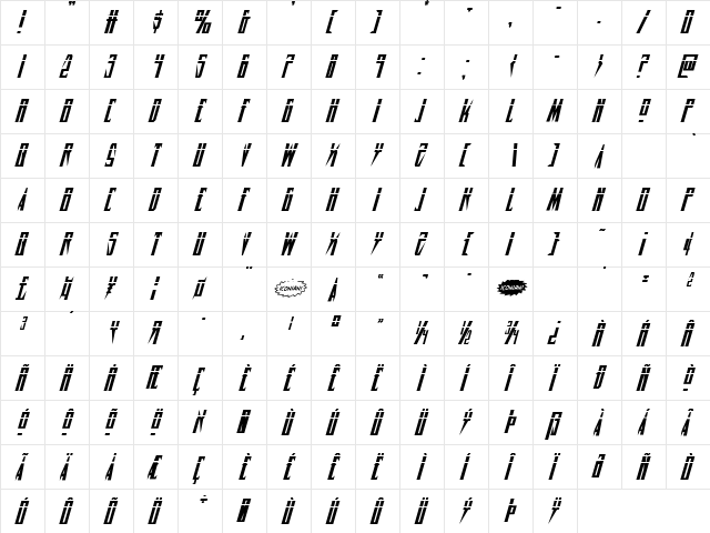 Timberwolf Laser Italic Italic  glyph index