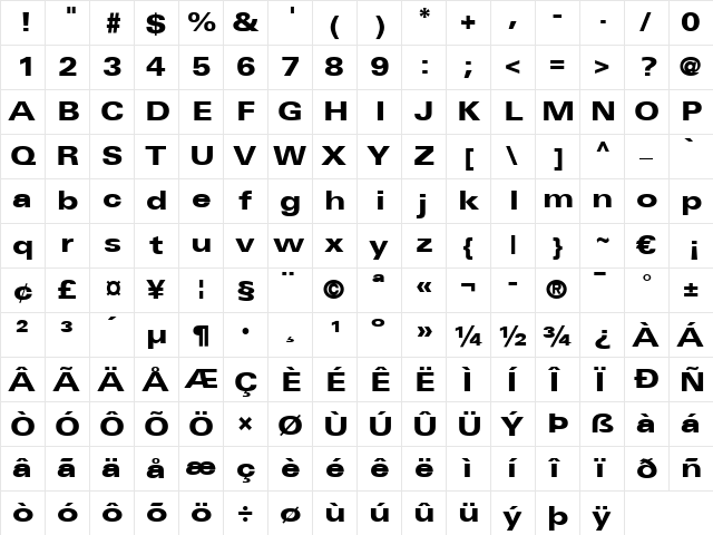 Univers LT 73 BlackExtended Regular  glyph index