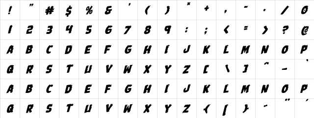 Johnny Torch Rotalic Italic  glyph index