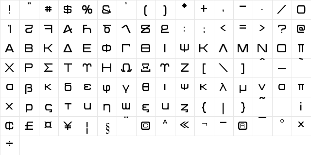 Kentaurus Regular  glyph index