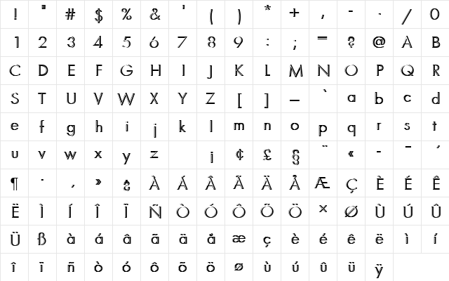FuturaTLigRe1 Regular  glyph index