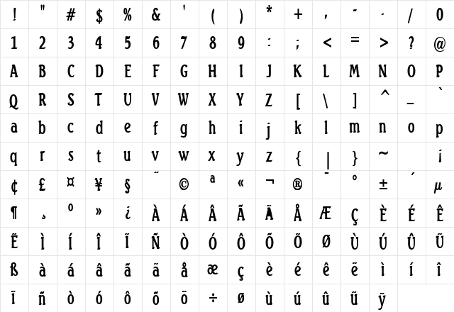 Beach Thin Bold  glyph index