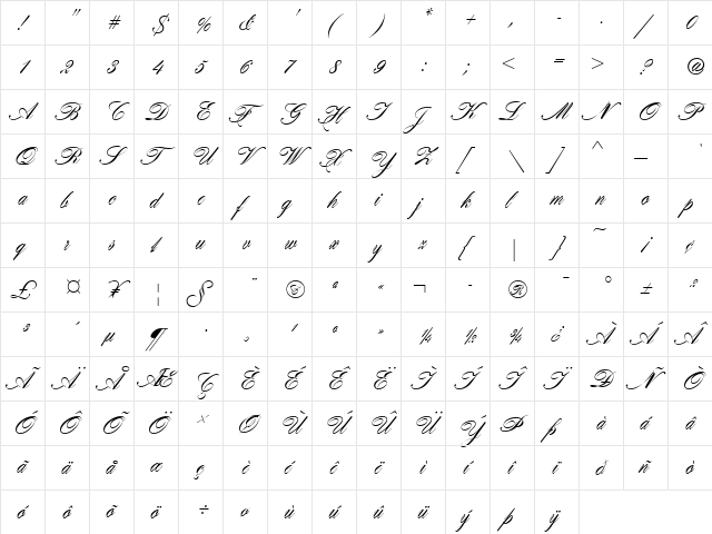 Hogarth Script D Regular  glyph index