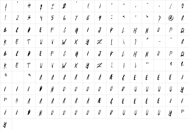 BRUSHY Regular  glyph index