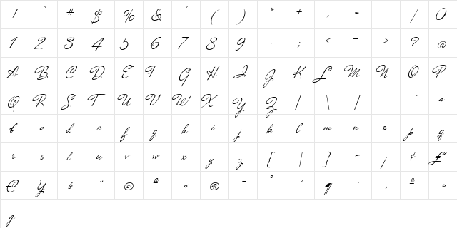 Nicoletta script Regular  glyph index