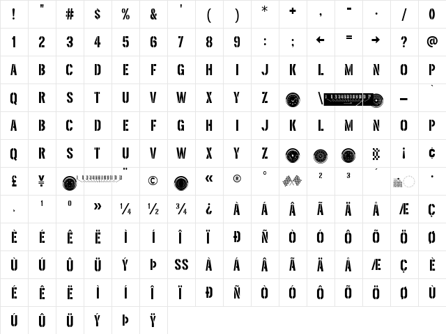 Threefortysixbarrel Regular  glyph index