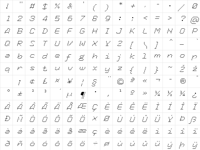 TronicLF-LightItalic Regular  glyph index