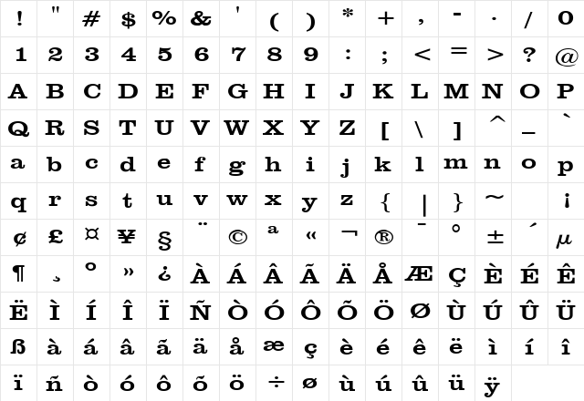 Clare Wide Normal  glyph index