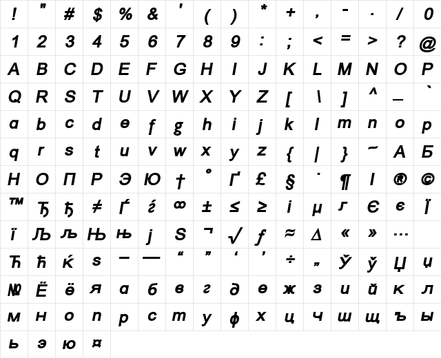 ER Univers Mac Bold Italic  glyph index