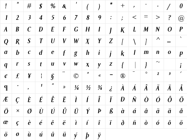 Saga SemiBold Italic  glyph index