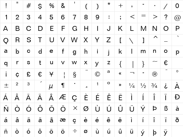 Folio Bk BT Book  glyph index