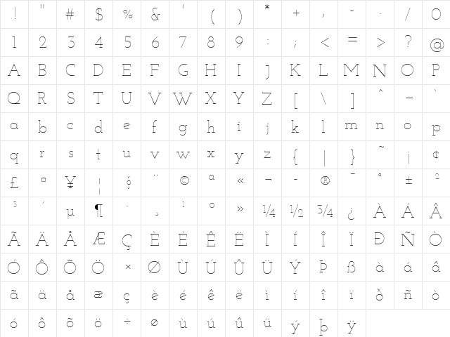 Josefin Slab Thin  glyph index