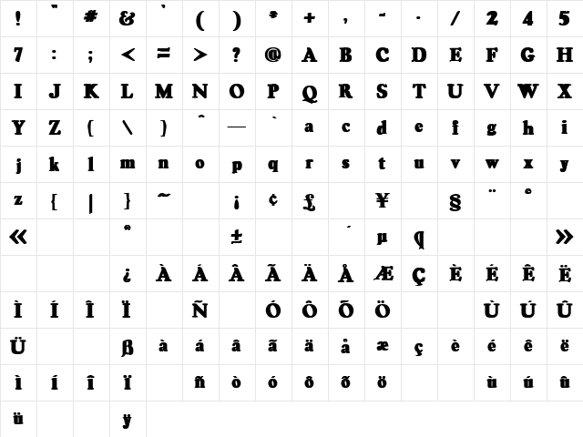 Assassination 3 Bold  glyph index
