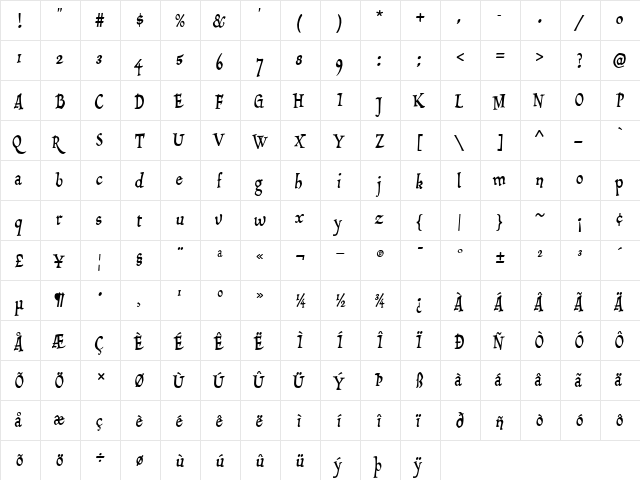 Draculon Regular  glyph index