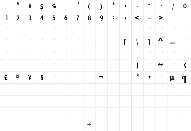 DundeeBoldCondTab Regular  glyph index