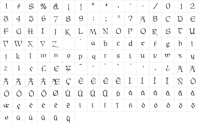 JaquelineBecker Regular  glyph index