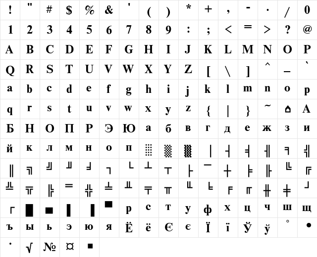 NewtonDOSCTT Bold  glyph index