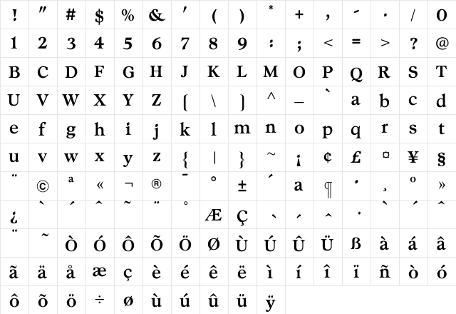 ChelseaLight Regular  glyph index