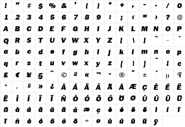 CarlBecker-Black Italic  glyph index