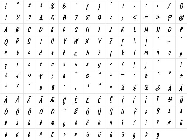 Simpson Condensed Heavy Italic  glyph index