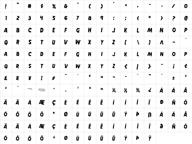 Horroween Rotated 2 Regular  glyph index