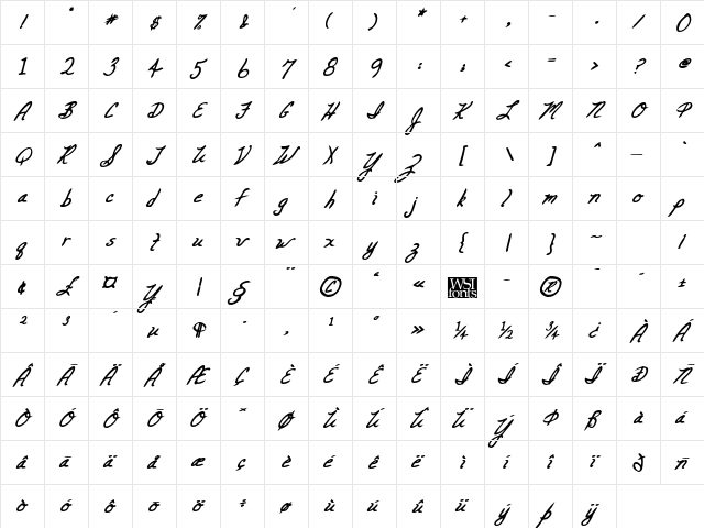 CarolinesHand Bold Italic  glyph index