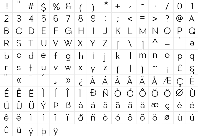 Montblanc Regular  glyph index