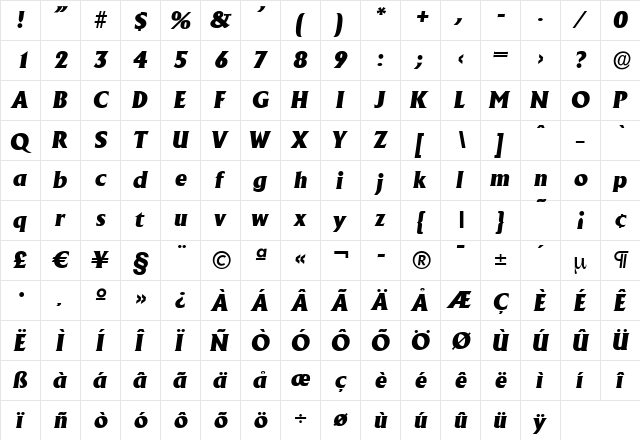 JacobBecker-Heavy Italic  glyph index