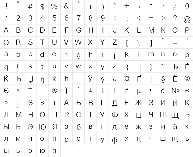 ArtsansLightC Regular  glyph index