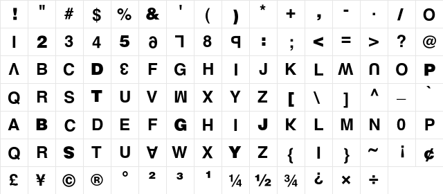 FastFood Clean  glyph index