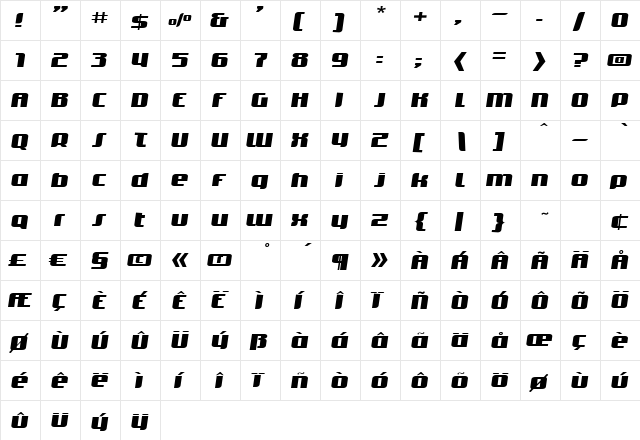TransItalic Regular  glyph index