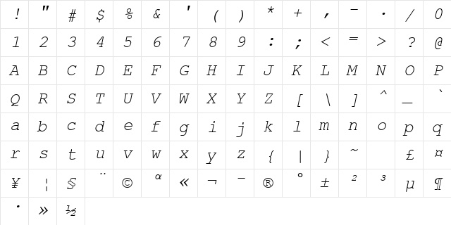 Courier New Greek Inclined  glyph index