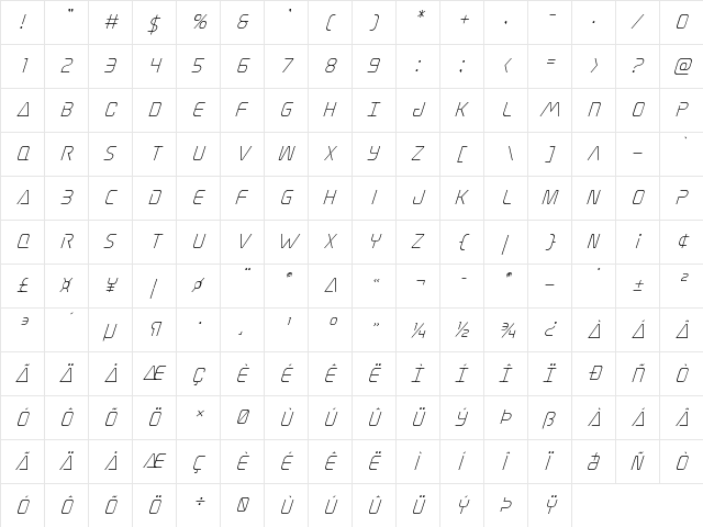 Elite Danger Super-Italic Italic  glyph index