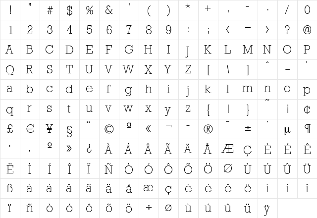 EugeneBecker-ExtraLight Regular  glyph index